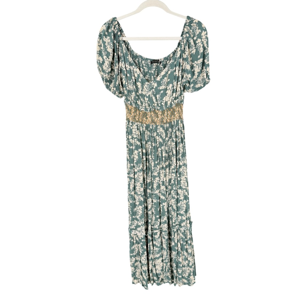 Black Tape Floral Smocked Maxi Dress Green Small Cottagecore Boho Tiered Summer